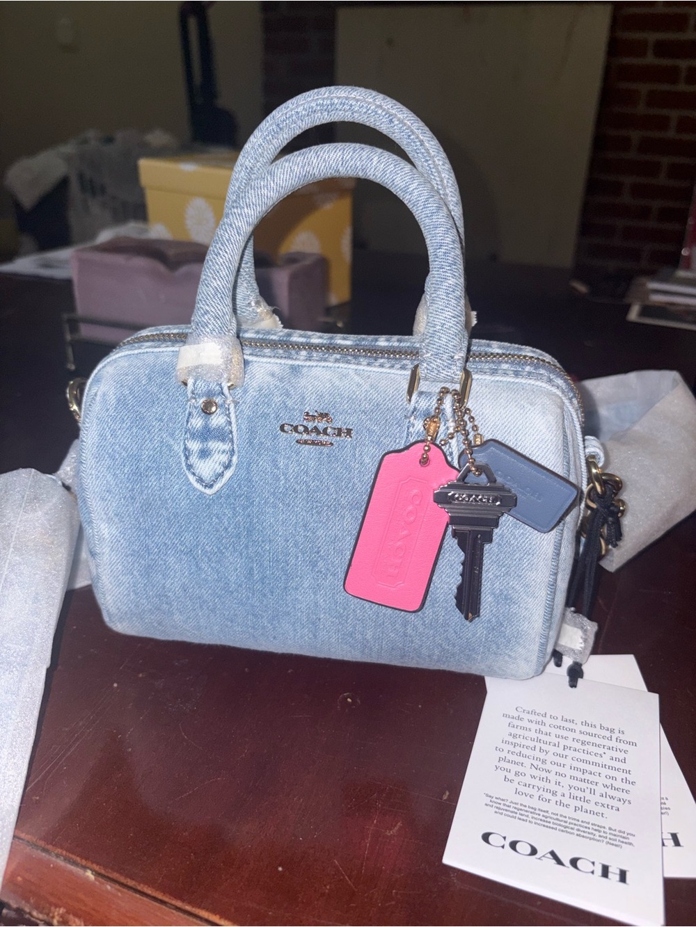 Coach Light Blue Denim Mini Satchel with Pink Tag